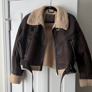 Zara Dark Brown Leather Jacket with Shearling Lining